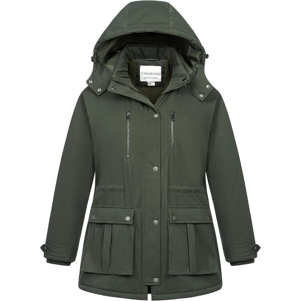 Women's Army Green Waterproof Fleece Lined Detachable Hood Jacket Coat Warm